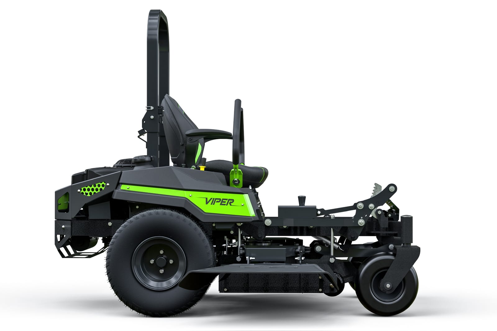 Full mower right side profile, deck and rear tire on a white background