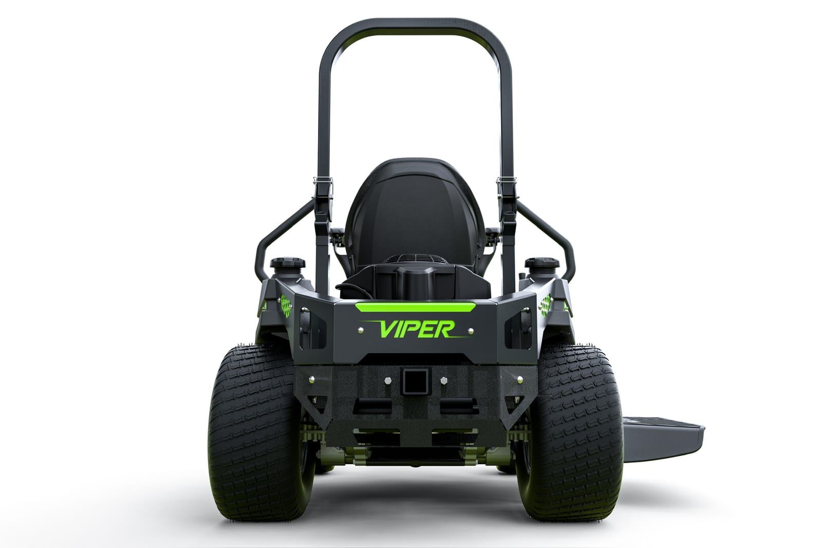 Rear view of mower, dual fuel caps and VIPER rear panel on a white background