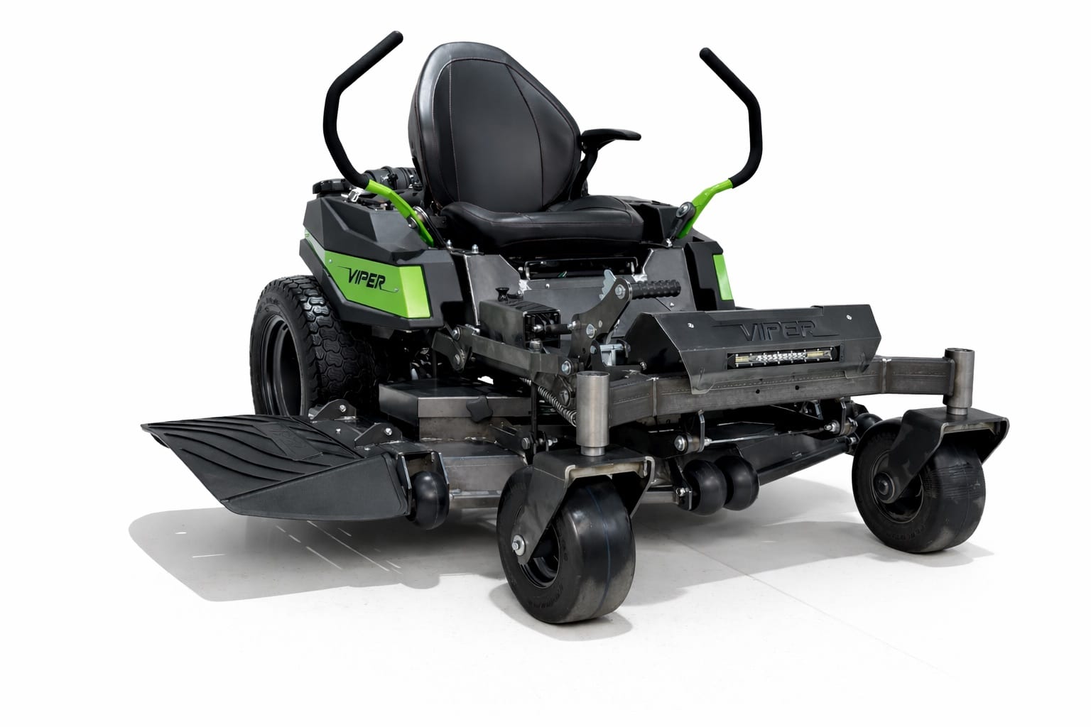 Front three-quarter view of a Viper zero-turn mower showing the cutting deck, front casters and discharge chute