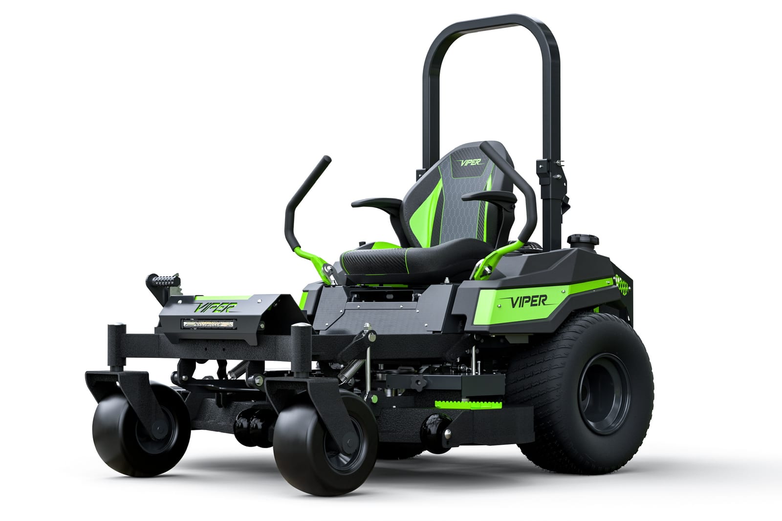 Viper zero-turn mower with the roll-over protection bar raised and operator seat and lap bars visible