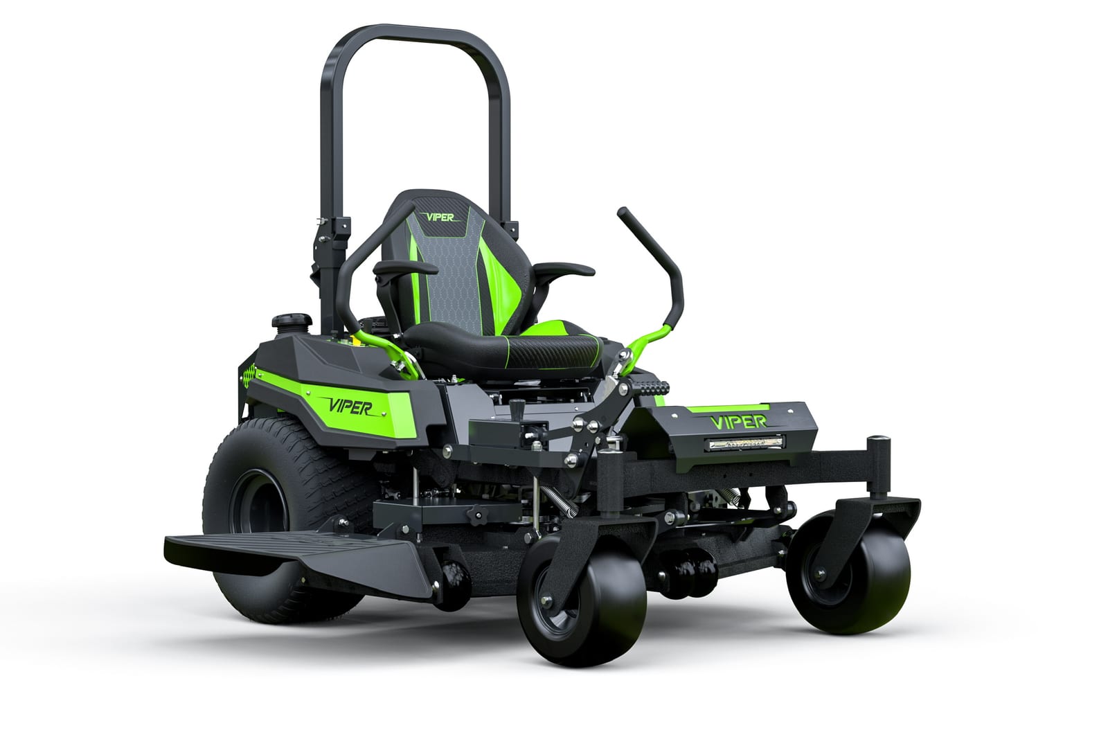 Full mower 3/4 front, lap bars and seat prominent on a white background