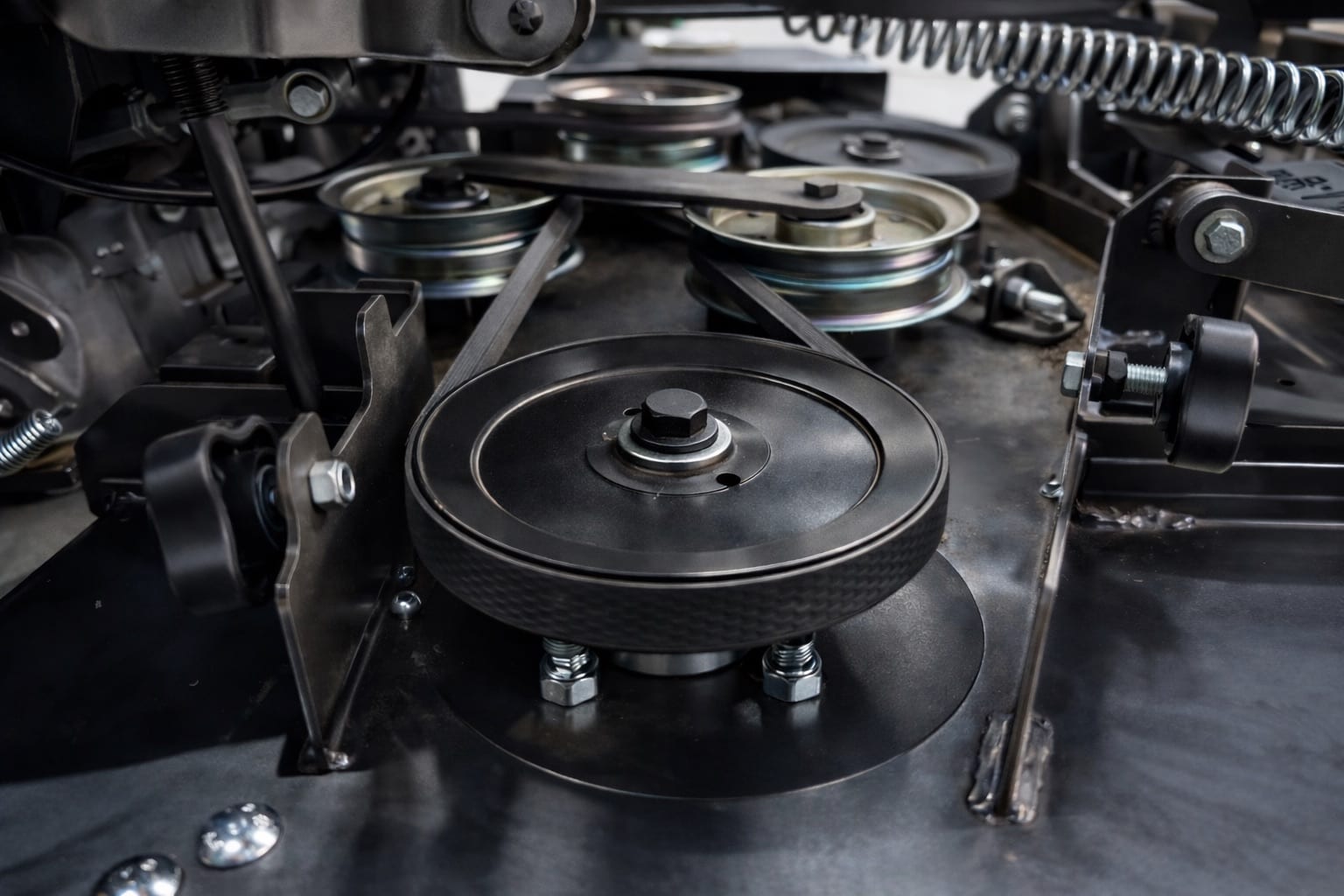 Close-up of deck belt, spindle pulleys and idler under deck