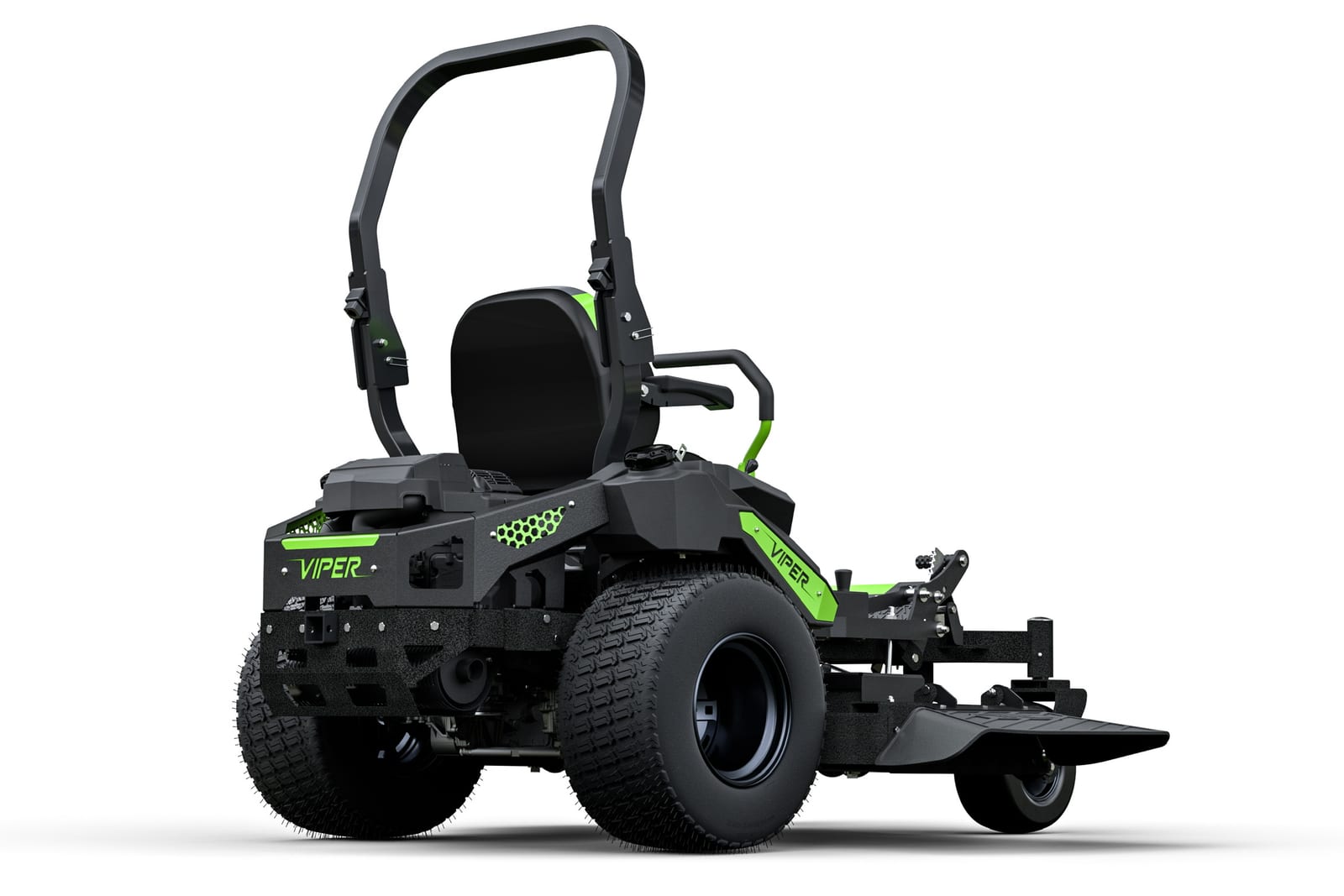 Full mower 3/4 rear on a white background, rear engine deck and tires