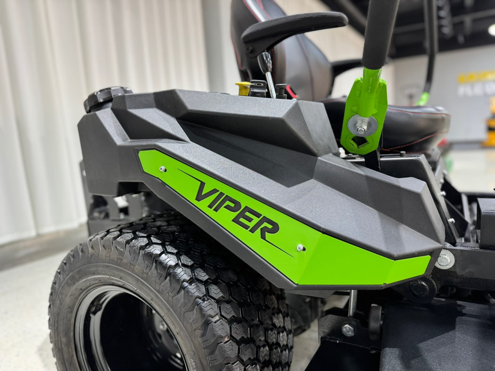 Close-up of the branded fuel tank and gas cap on a Viper zero-turn mower