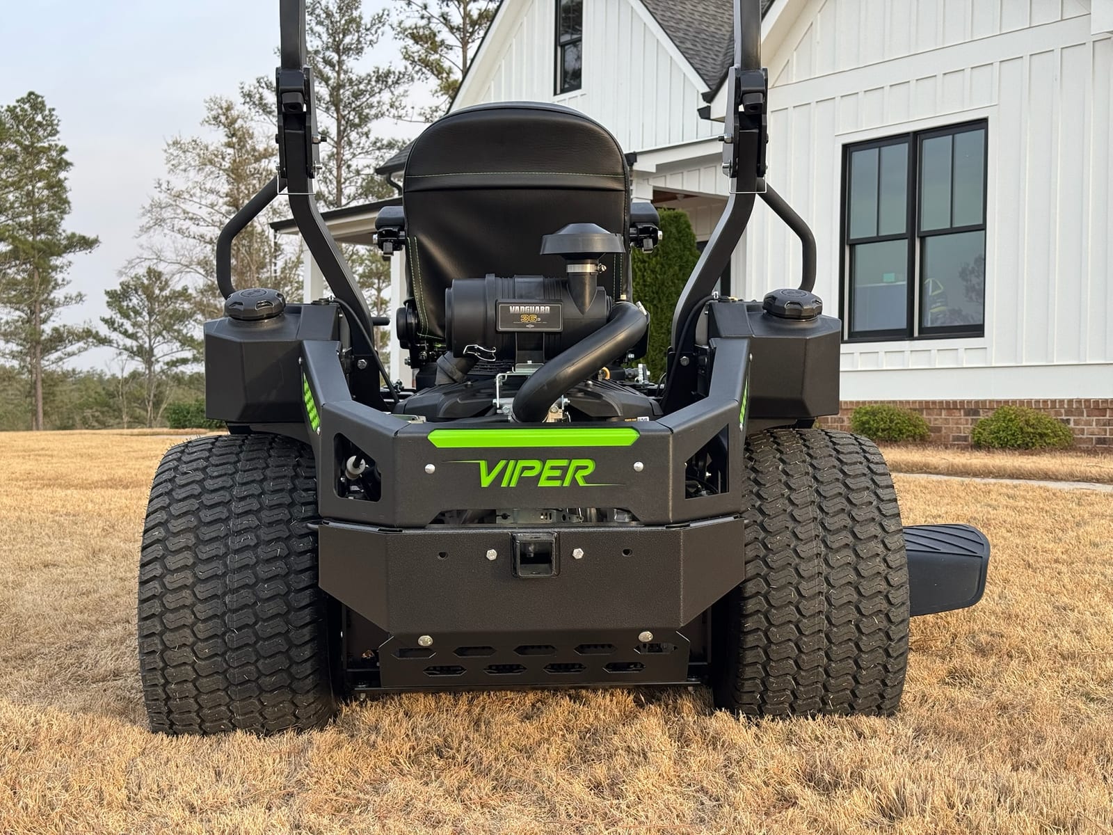 Rear view of a Viper zero-turn mower showing the drive tires, engine deck and frame