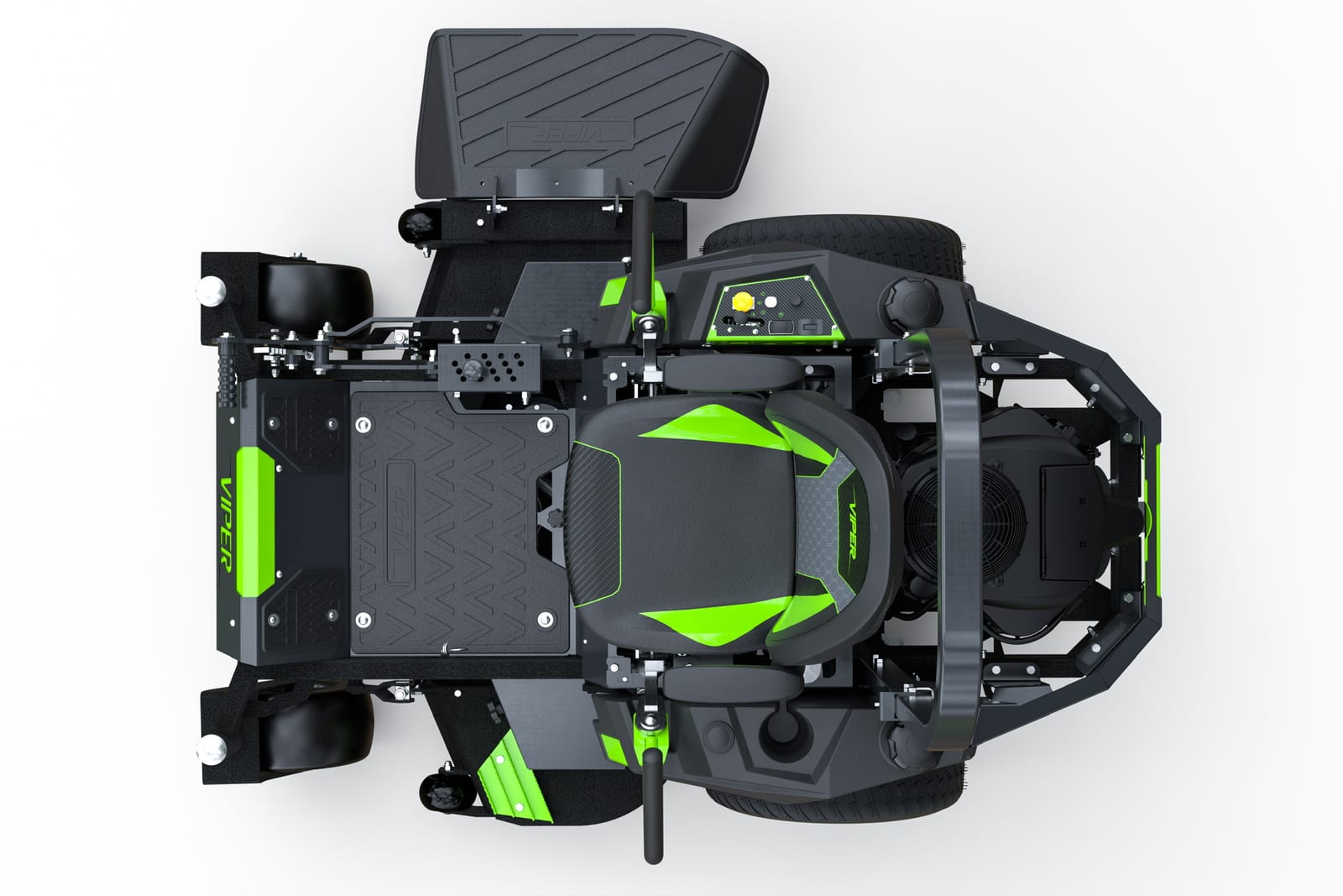 Top-down overhead view of mower, seat, deck and controls on a white background
