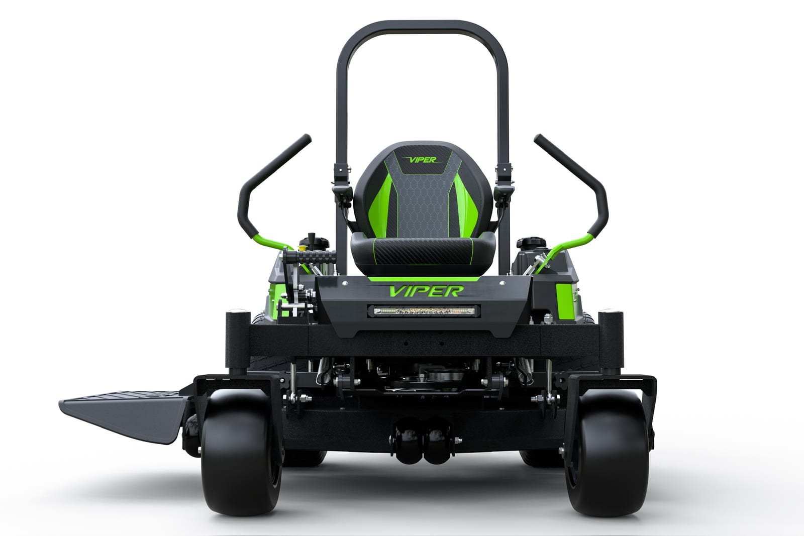Front view of mower, seat between lap bars, deck light bar on a white background