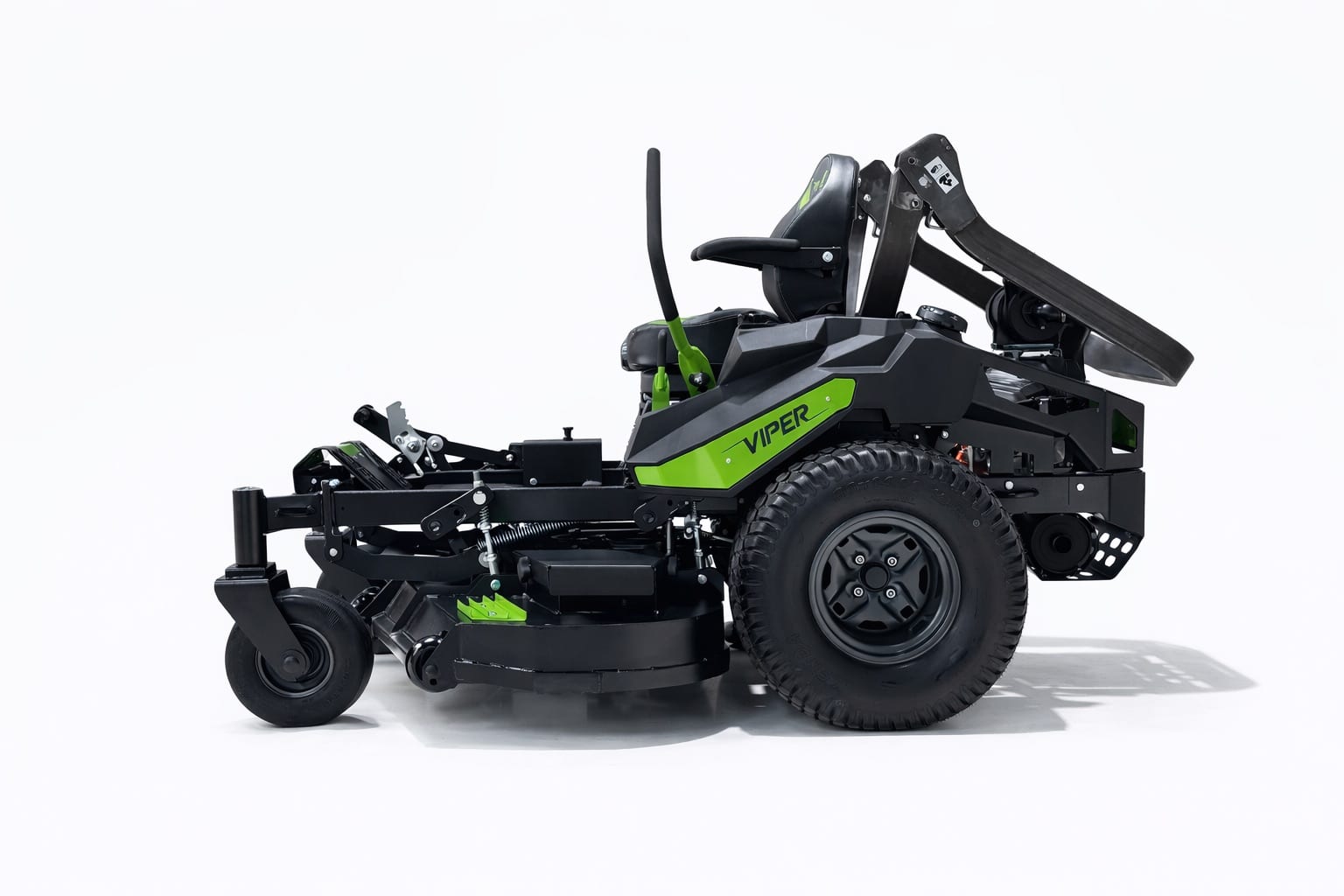 Side profile of a Viper zero-turn mower showing the rear drive wheel and front caster