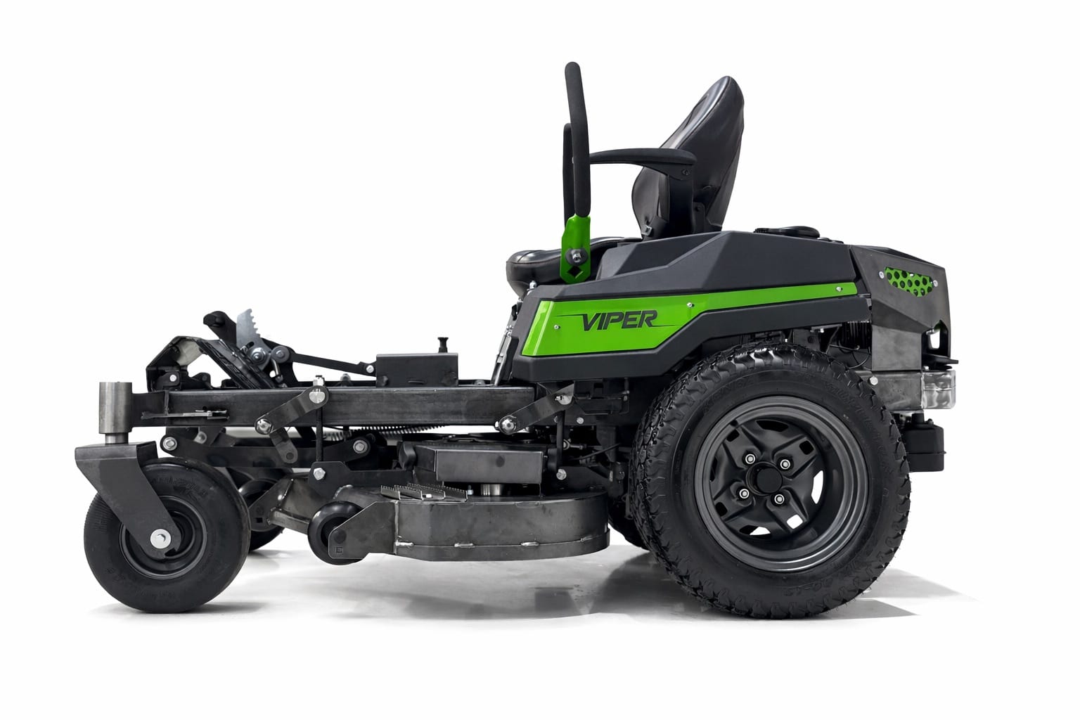 Full left-side profile of Viper mower, deck and rear wheel detail