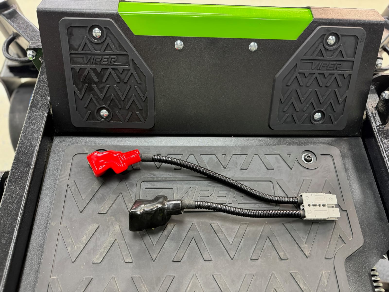 Battery tray with red terminal cap and disconnect harness, VIPER panel