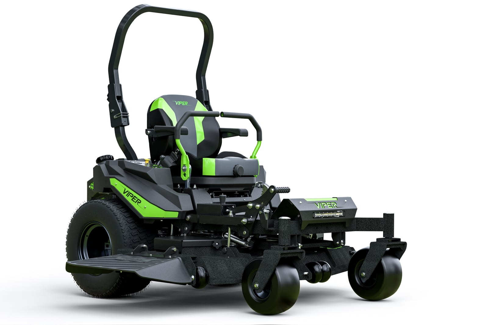 Full mower 3/4 front on a white background, deck and seat visible