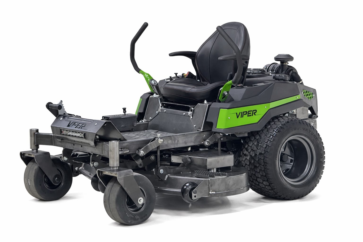 Front three-quarter studio beauty shot of a green Viper commercial zero-turn mower