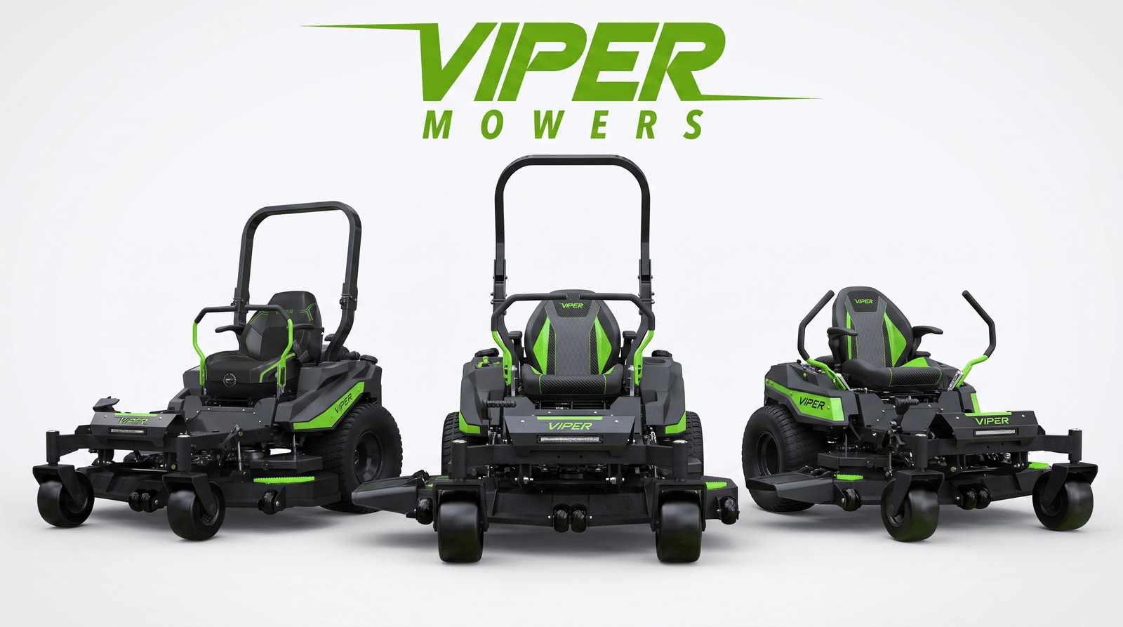 The Viper Mowers commercial zero-turn lineup — three zero-turn mowers under the Viper Mowers logo