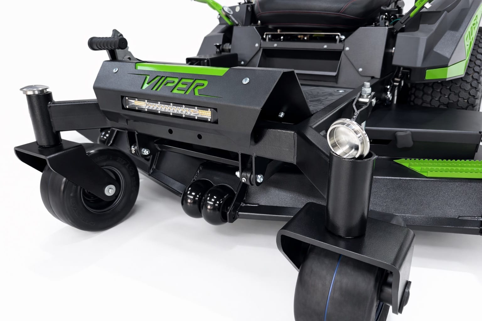 Studio front view of a Viper zero-turn mower deck with LED light bar and front casters